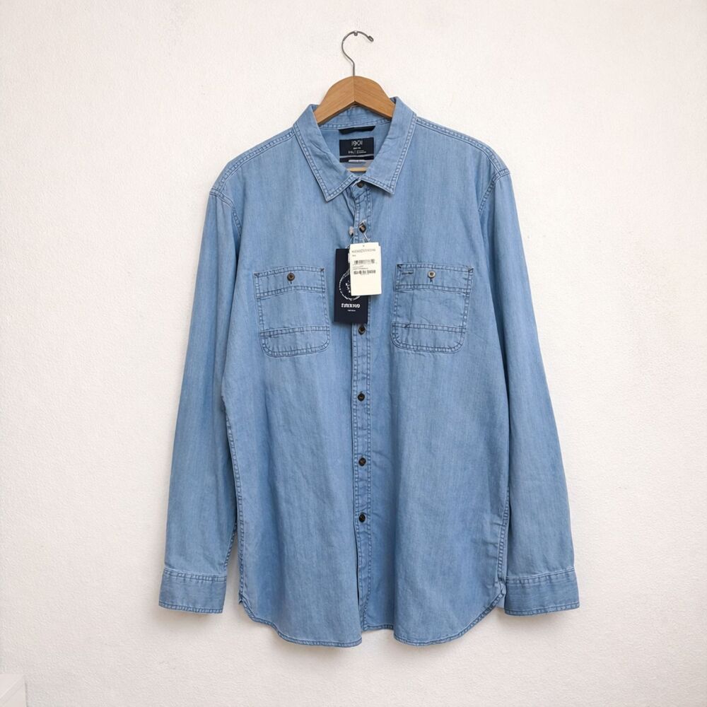 1901 Mens XXL 2XL Trim Fit Chambray Shirt Blue Button Front Long Sleeve Casual